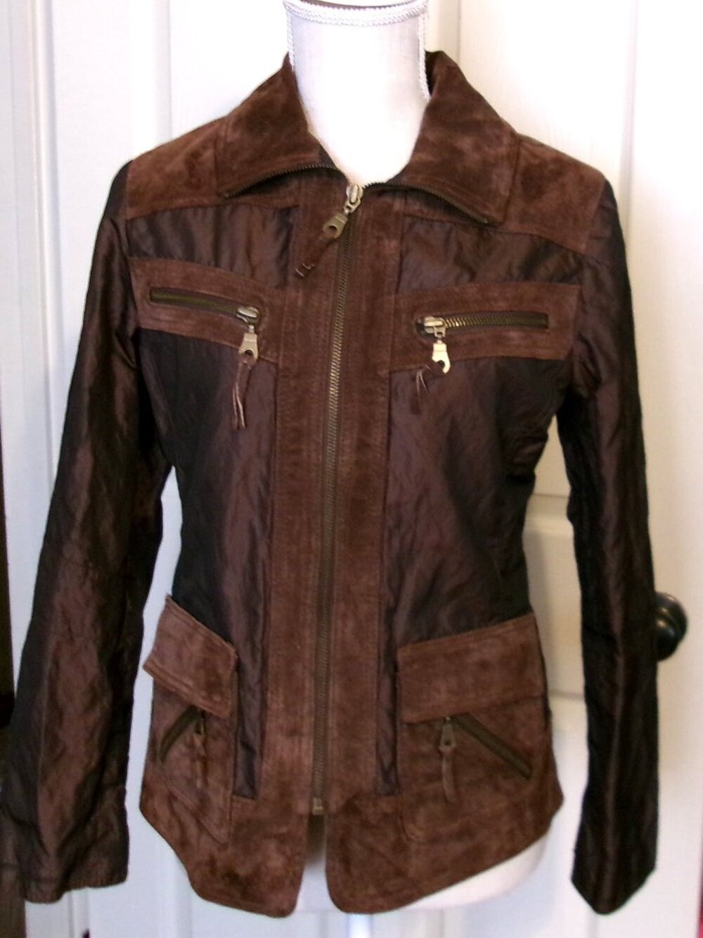 CHICO'S Brown Suede Genuine Leather Trim Zip Utility Jacket Size 0